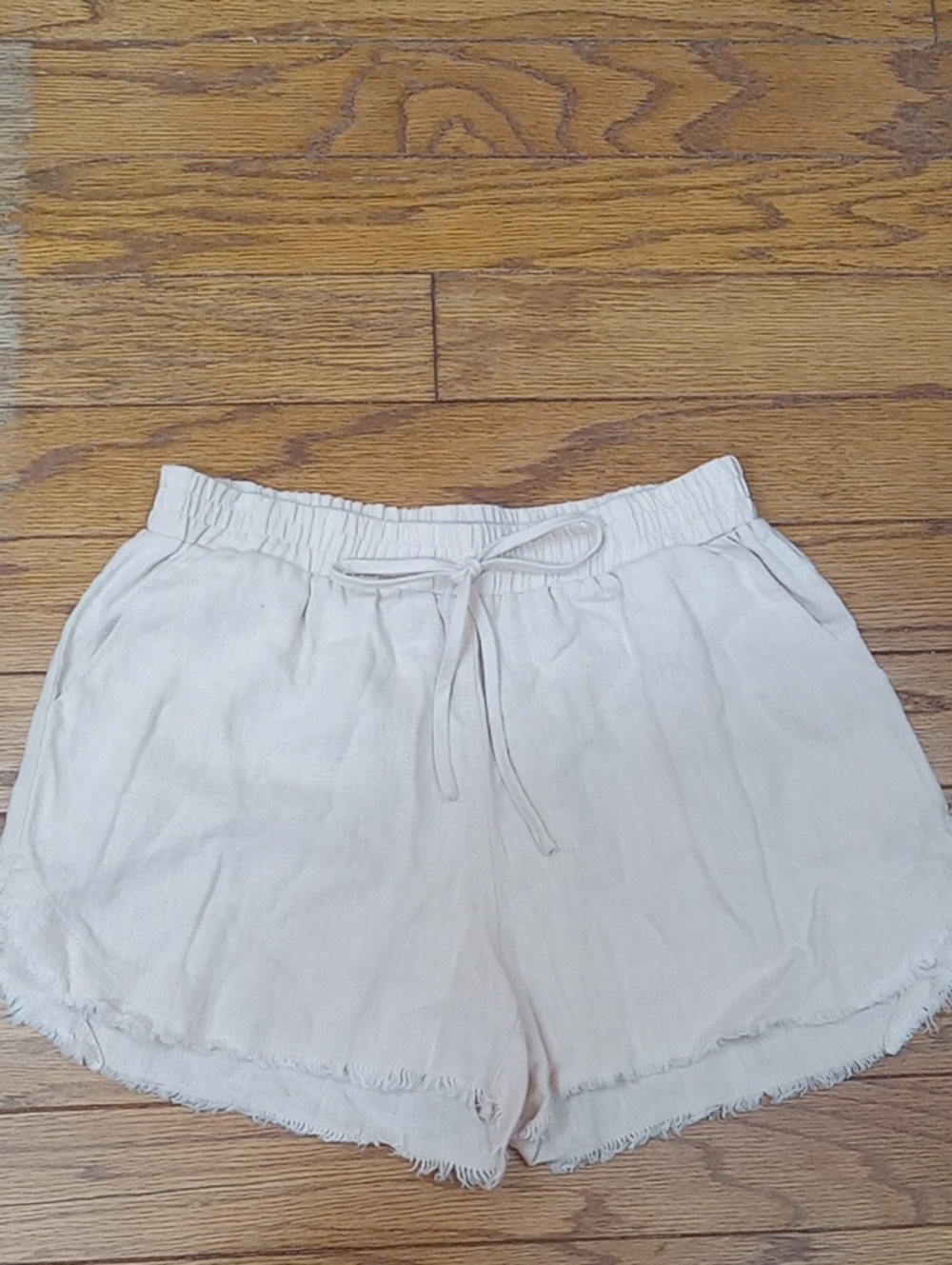Little Lies Hannah Linen Shorts Beige Size 8 Raw Fray Hem Drawstring
